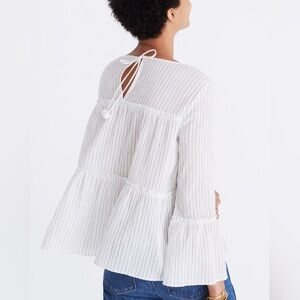 Madewell Haysboro Stripe Top Tiered Gauze Cotton Blouse with Pom Pom Tassel